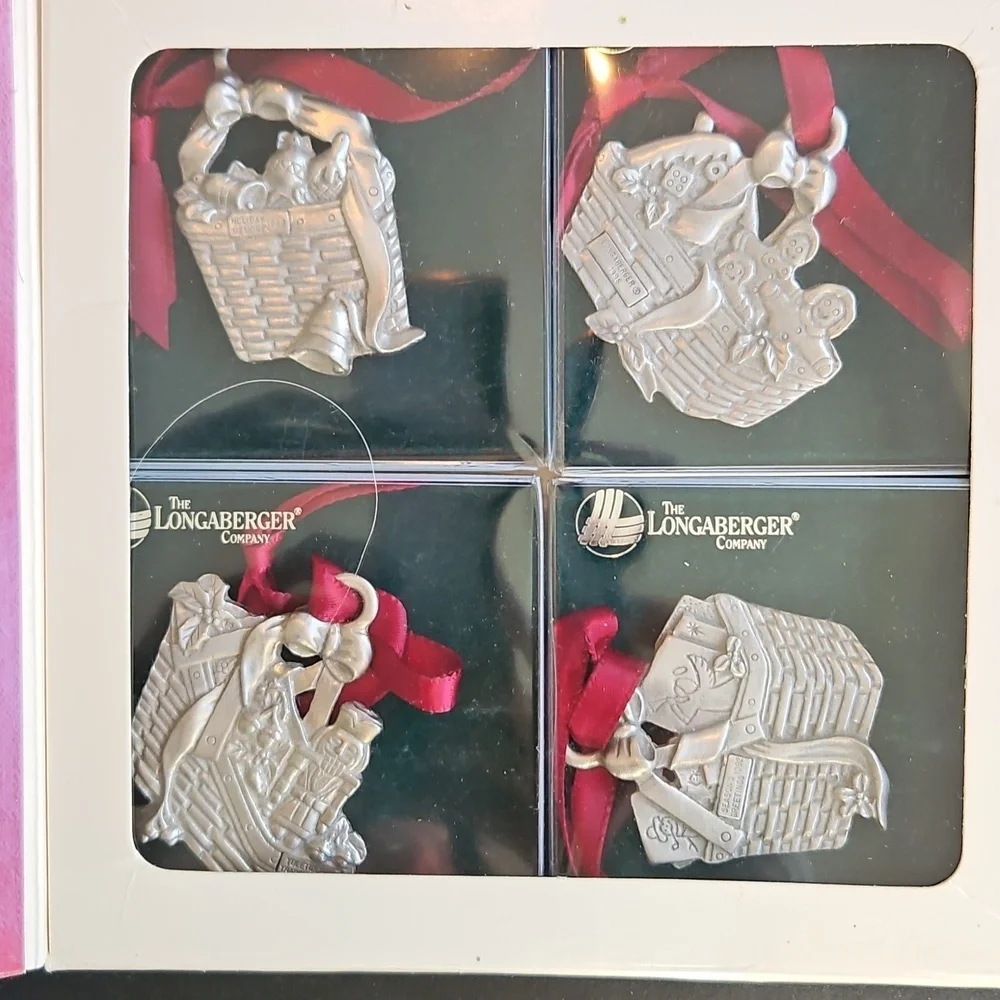 Longaberger Commemorative Pewter Holiday Basket Ornaments Set 1996 In Box